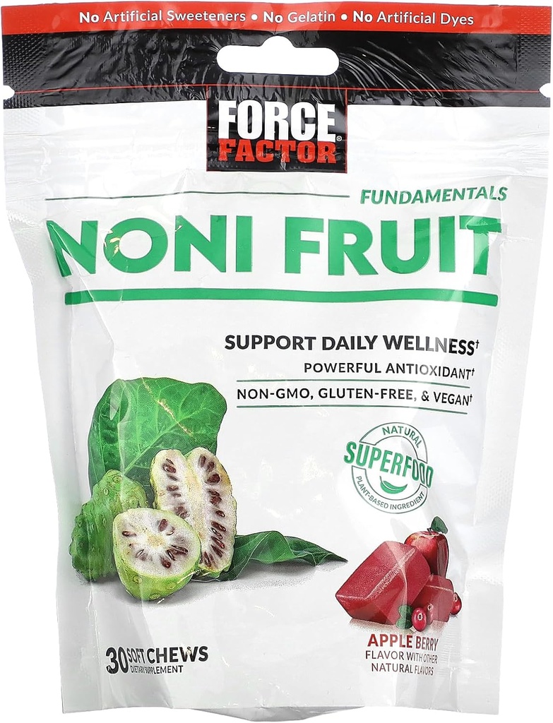 FORCE FACTOR Noni Sadni žveči za Immuniteto in zdravje kože, Noni Juice dodatek, Rastlinski antioksidant Superfood Chews, Gluten-free, & Vegan, Apple Berry Flavor, 30 Soft Chews