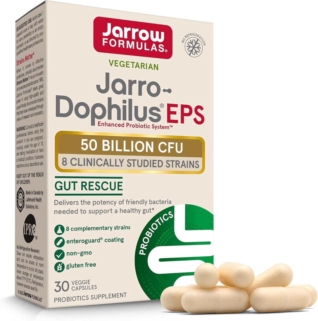 Jarrow Formulas Jarro-Dophilus EPS - 50 milijard organskih snovi na strežbo - 30 enterično prevlečenih vegetarijanskih kapic - multistrein probiotik - črevesno in imuno zdravje - do 30 sluge