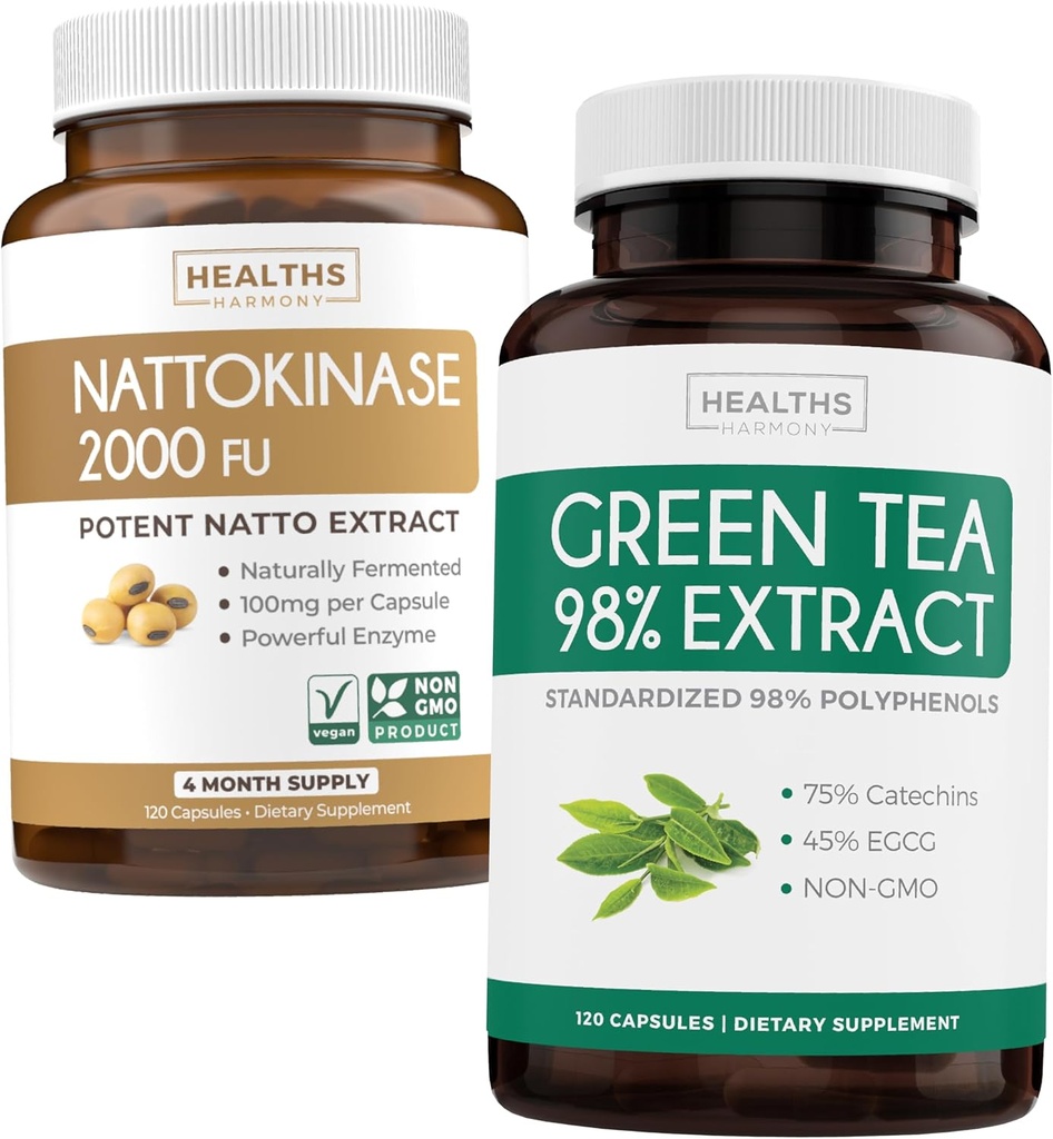 Nattokinase & Green Tea (2-mesečna zaloga) Green Vitality Boost - Nattokinase 2000 FU Močni naravno fermentirani soji -120 Caps & Green Tea Extract 98% z EGCG (Non-GMO) Naravna presnova Boost