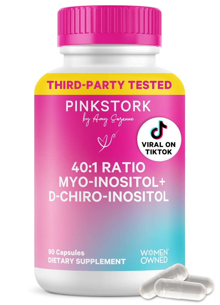 Pink Stork Inositol Supplement za ženske – 40:1 Myo-Inositol & D-Chiro Inositol – Hormonovo ravnovesje, plodnost in podpora jajčniku – Rednost cikla in presnovna Wellness, 30 Servinges