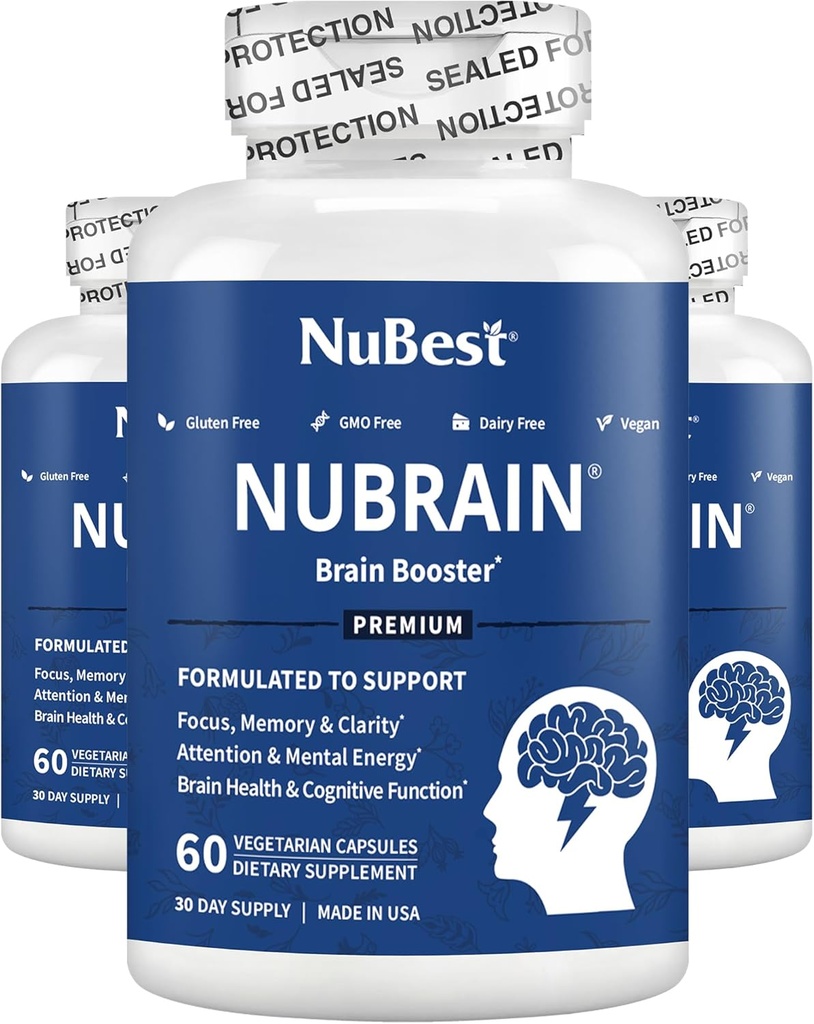 NuBrain - Napredni booster za možgane - Izboljšajte spomin, fokus in jasnost z vitaminom B6, Ginkgo Biloba, Bacopa Monnieri & More - Možganski dodatek za moške in ženske - 3 Pack 