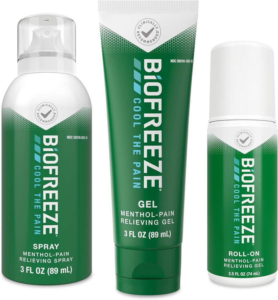 Biofreeze Pain Relief Roll-On 2,5 FL OZ, Gel 3 FL OZ, In Spray 3 FL OZ Variety Pack Topična bolečina Reliever za mišice in sklepe iz Artritisa, Backache, Seve, Modrice, Sprains (Package May Vary)