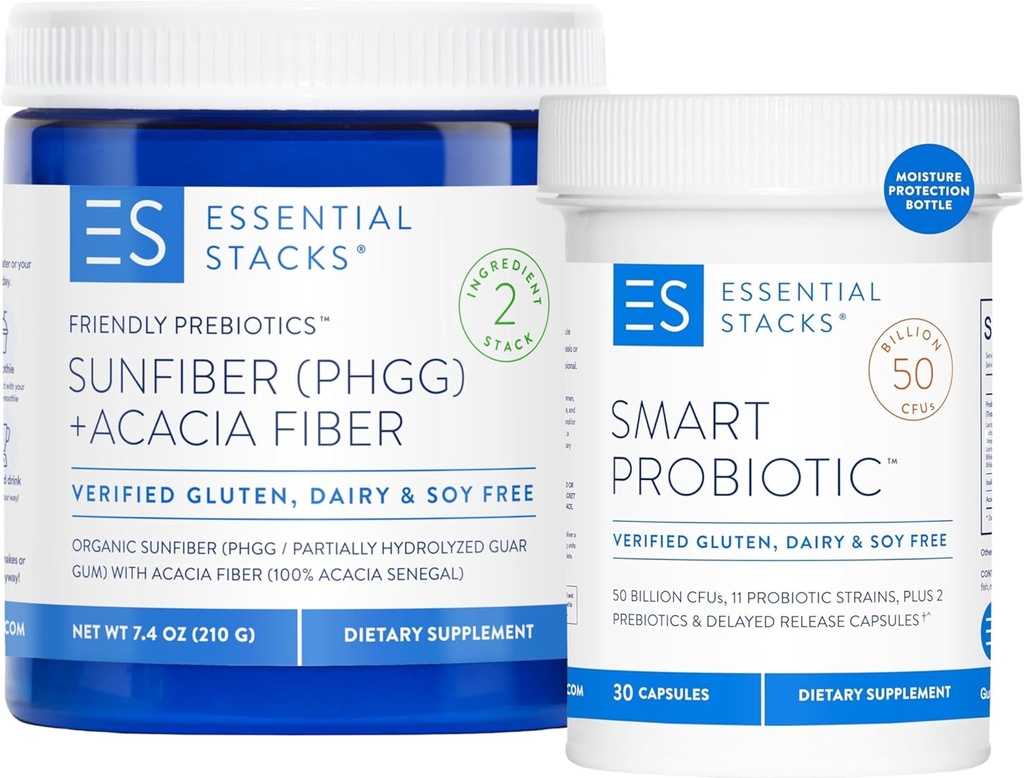 Essential Stacks gorivo vaš Gut paket: Pameten probiotik (30 ct) + Prijazni prebiotiki (7,4 oz)