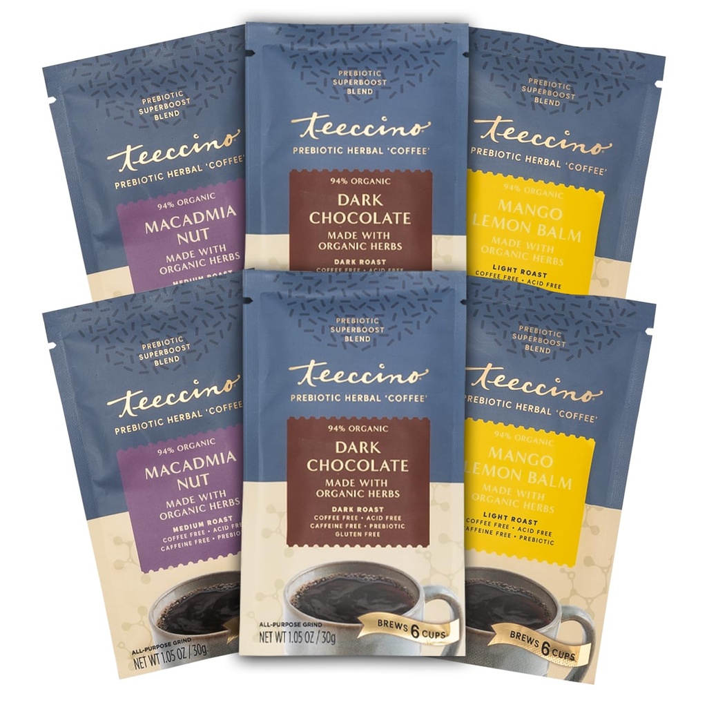 Teeccino Prebiotic SuperBoostTM Zeliščna kava Vzorec - 6 Trial-Size Packets - Temna čokolada, Mango Lemon Balm, Macadamia Nut - Prebiotik, Kofein-free, Tla kava Alternative za dobro zdravje Gut