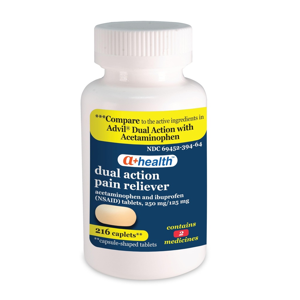A+zdravje dvojno ukrepanje acetataminofen 250 mg in ibuprofen (NSAID) 125 mg bolečine Reliever Caplets, 216 število