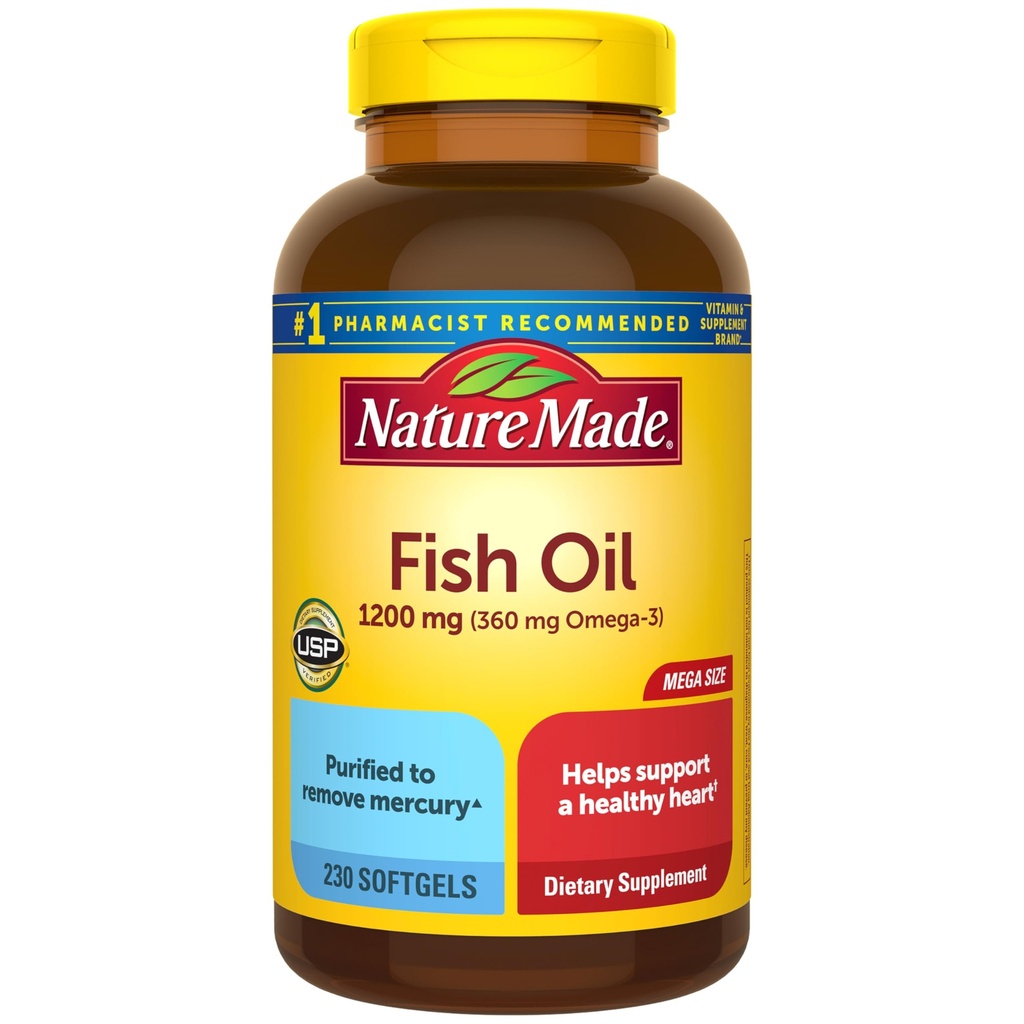 Narava Made Fish Oil Omega 3 Dodatki, 1200 mg Softgels, Omega 3 Ribje olje za zdravo srce podporo, 230 Softgels, 115 Dnevna dobava