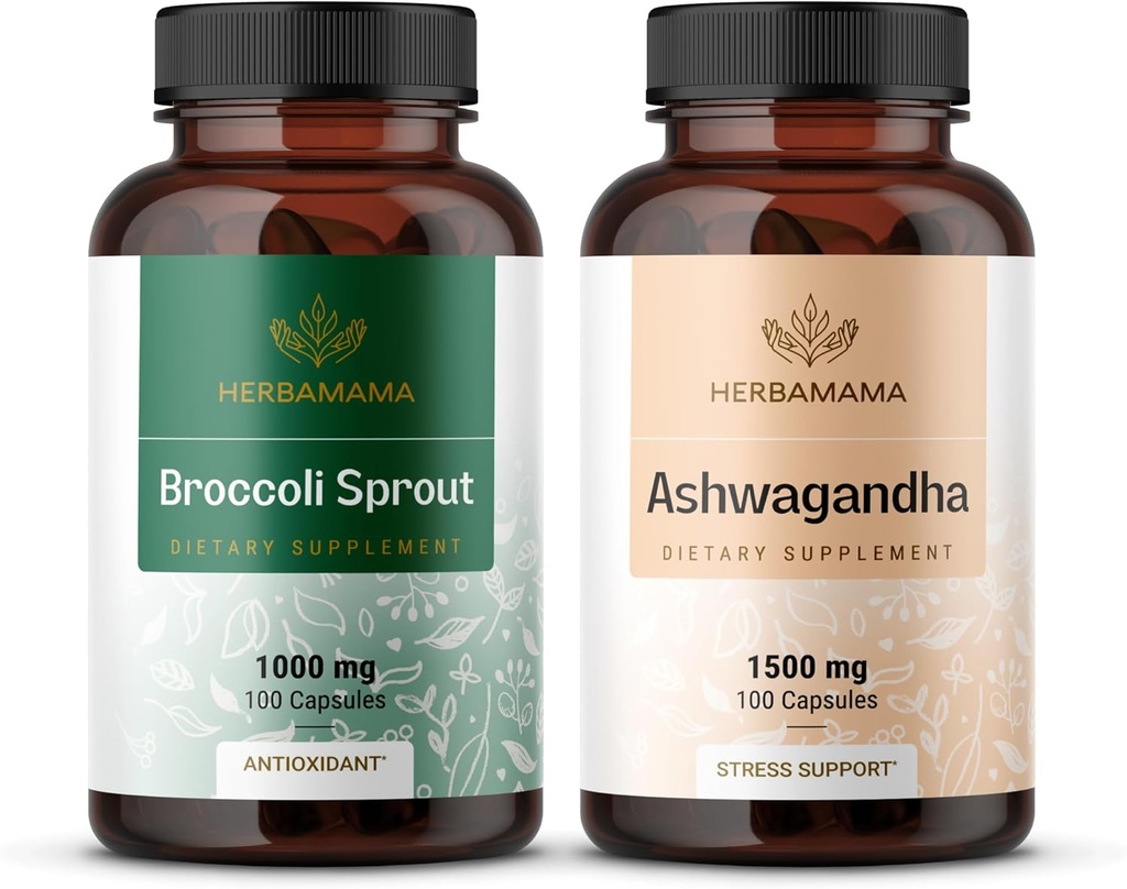 HERBAMA Broccoli Sprout in Ashwagandha Root Kit - paket 1000 mg Broccoli Sprout & 1500 mg Ashwagandha Root Kapsule - Vegan, Ne-GMO, Sladkor & Želatina - 2 paket