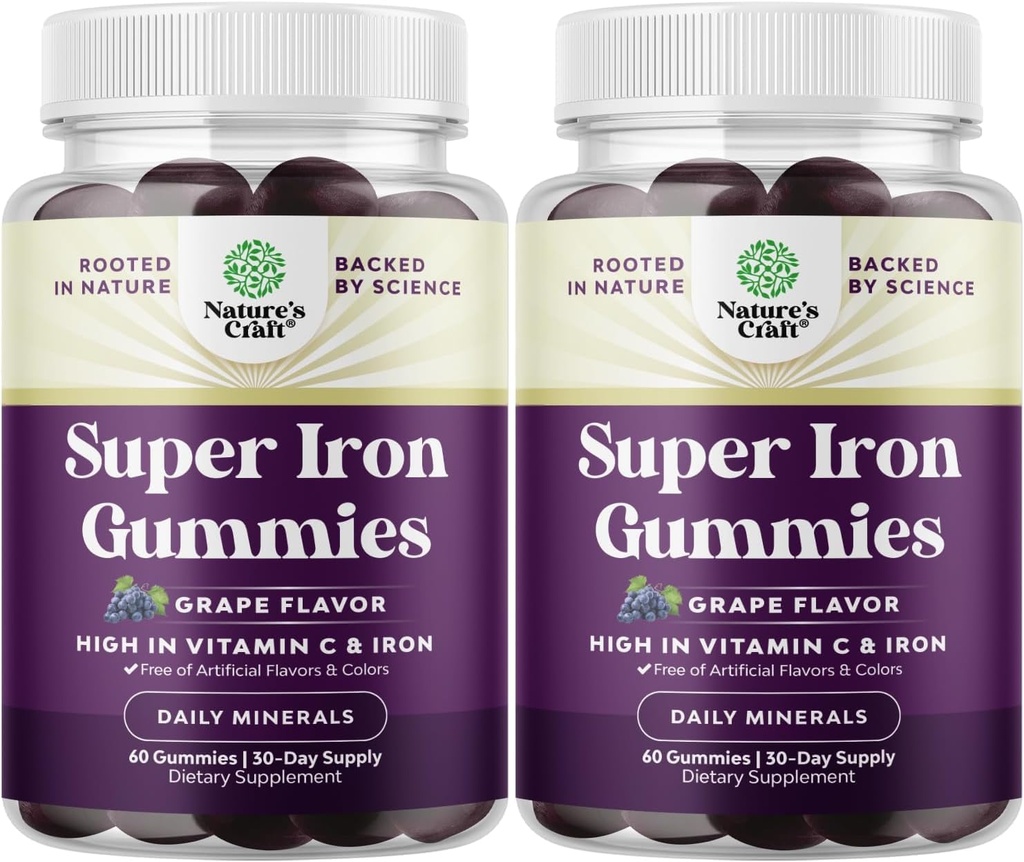 Dodatna moč železa Gumiji za ženske in moške - Potent 45mg na serviranje žvečljivo železo dodatek za ženske in moške z vitaminom C višja absorpcija - Vegan Daily Gummy odrasli (60 Serving)