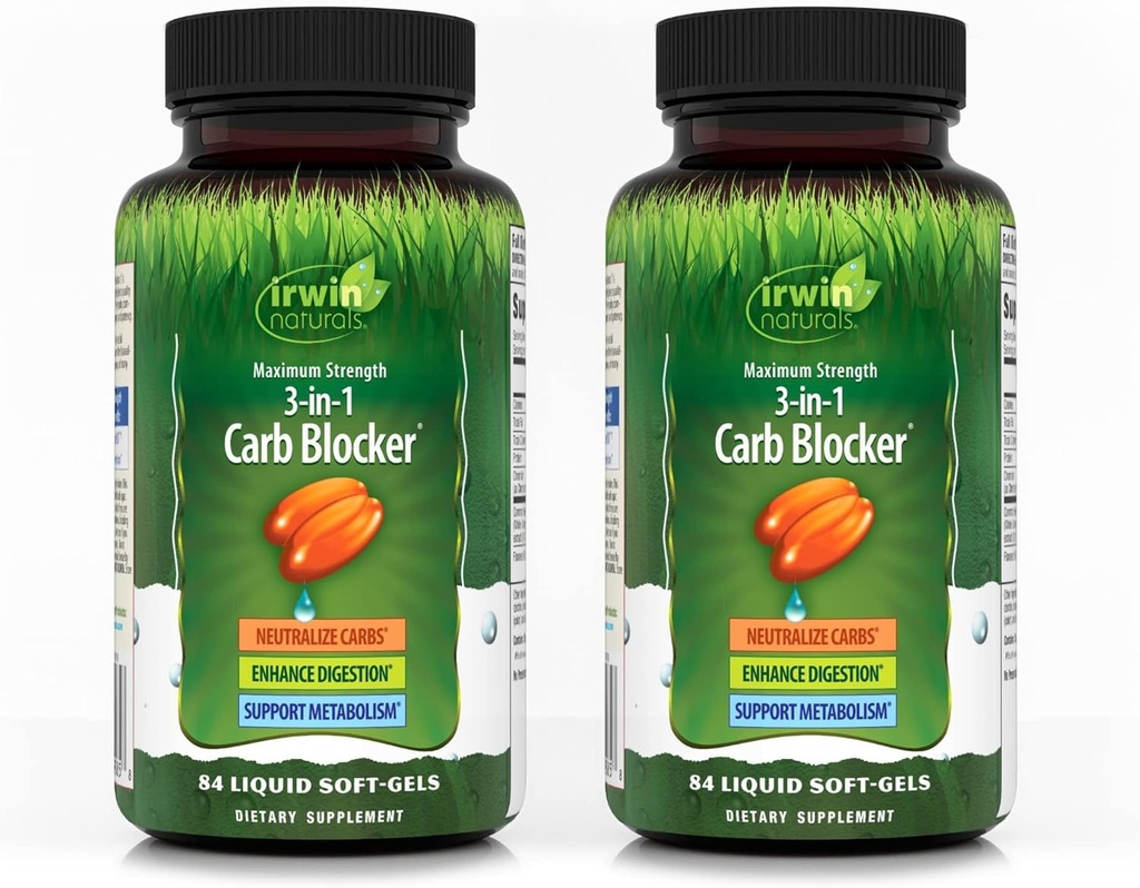 Irwin Naturals Največja moč 3-v-1 Carb Blocker - 84 Tekoči mehki geli, Pakiranje 2 - Nevtralizirajte ogljikove hidrate - 84 Skupno serviranje