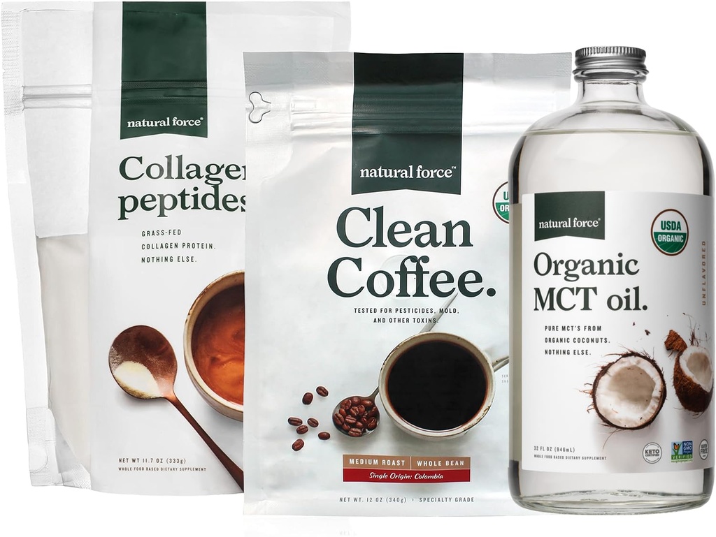 Naravna sila Ekološka čista kava + Kolagen Peptide + Organska MCT Oil Bundele – Toxin Free Coffee, Grass Fed Collagen, & MCT - Non-GMO, Keto, & Paleo - 12 Oz, 11.7 Oz, 32 Oz