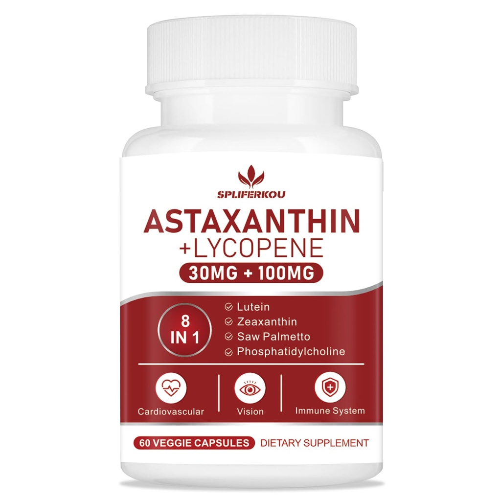 Astaksantin in likopen 70 mg, Astaksantin Dodatek s fosfatidilholinom, luteinom in zeaksantinom, Močni antioksidanti Dodatna podpora za zdravje kože, oči in sklepov (60 kapsul)