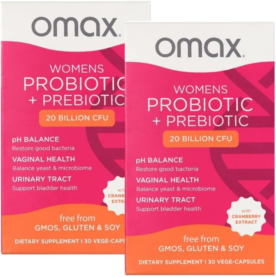2 Pakiranje Omax Prebiotiki in probiotiki Kompleks za ženske, pH ravnovesje, Vaginalno zdravje, Sečilni trakt, Yeast, UTI/BV preprečevanje, Napihovanje pH 20 milijard CFU, Vegan, Organic, Gluten Free, 60 Vege-Capsule