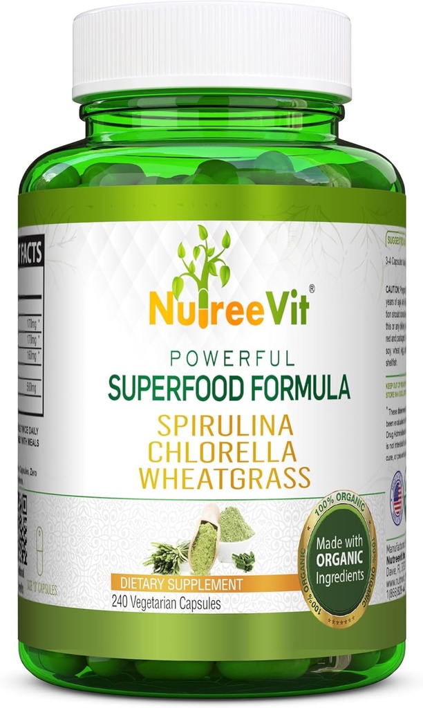NutreeVit Pure 100% Organic Spirulina + Klorella + Wheatgrass - zmogljiva superhrana - Veggie Kapsule 