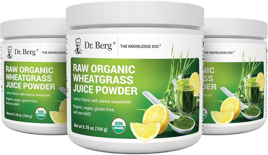 Dr. Bergov surovi pšenični sok v prahu (60 strežnikov) - USDA Certified Organic Wheatgrass V prahu w/ Klorofil, Trace Minerali & Naravni encimi - Ultra koncentrirani - Lemon Flavor w/ Stevia 3 Pack