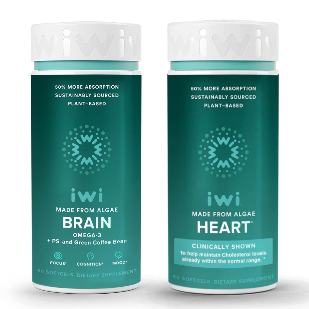 Iwi Life Brain & Heart Omega-3 Bundle, 30 Služabniki, Veganska rastlinska osnova Algae Omega 3, Krill & Fish Oil Alternative, Brez ribjega pookusa