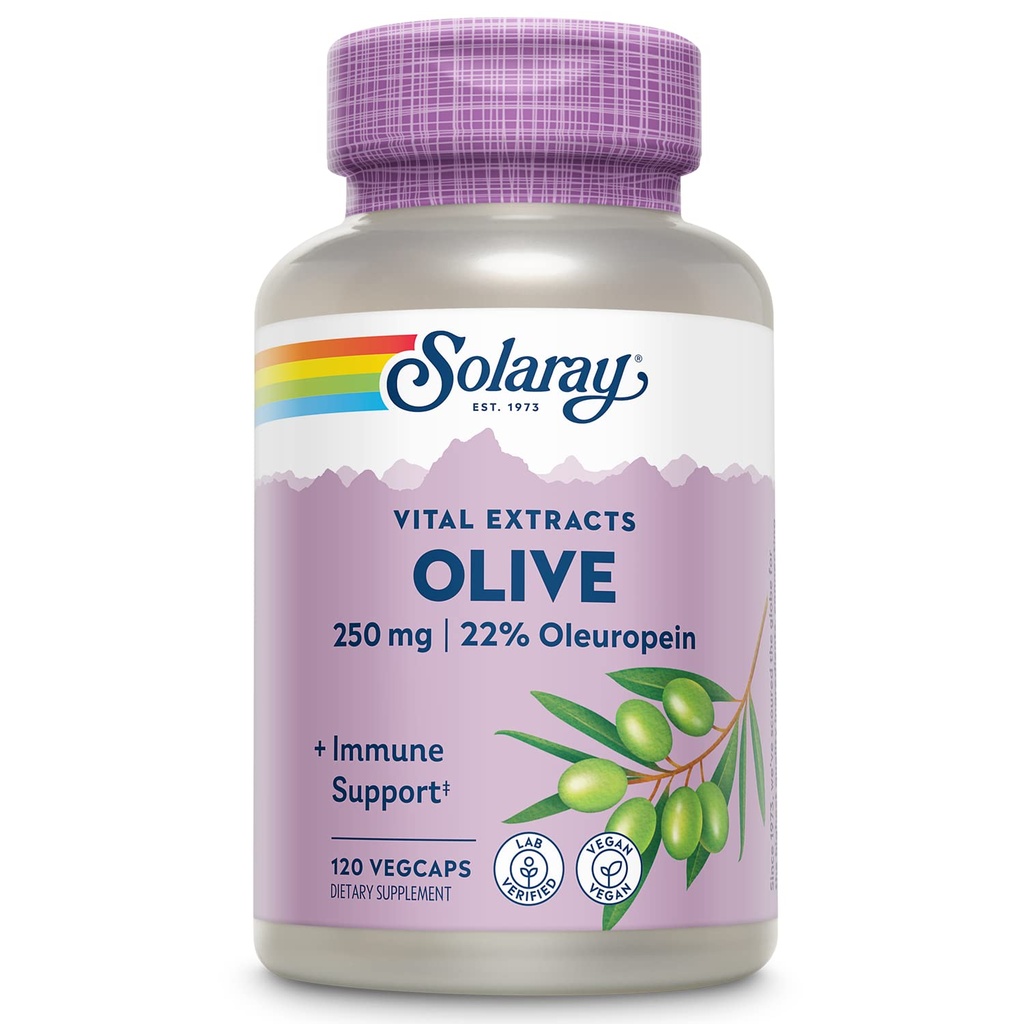 SOLARAY Olive 250mg - Olive Leaf Extract kapsule z 22% Oleuropein, Plus limonin balzam - Polifenoli dopolnilo za podporo Wellness - Vegan, 60-dnevno jamstvo, Laboratorij preverjen - 120 Serving, 120 VegCaps