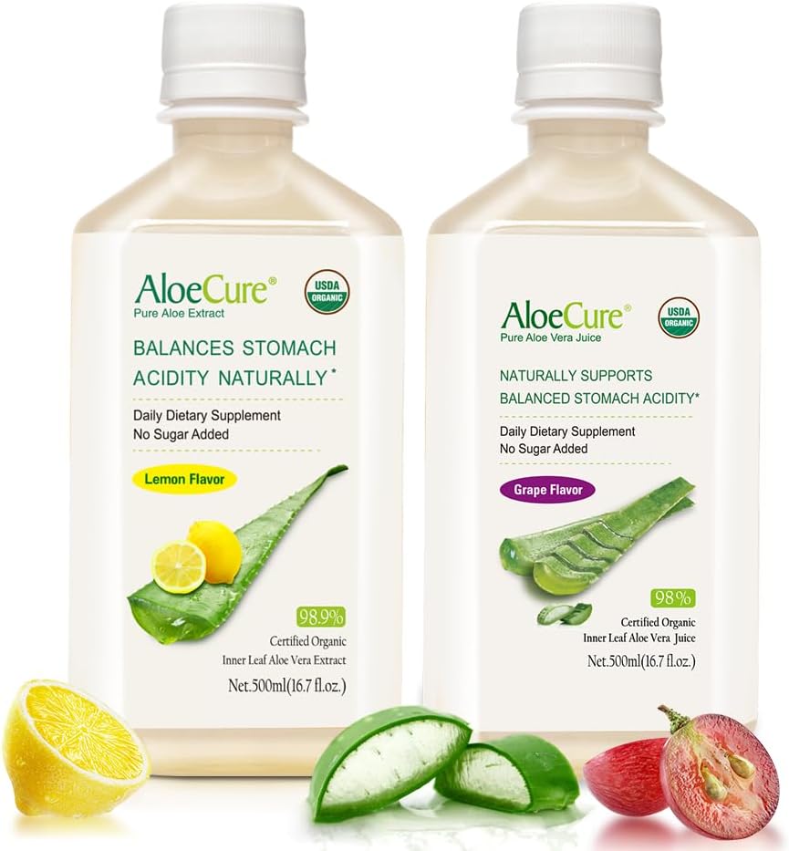 AloeCure Organic Aloe Vera Juice - 2 steklenica Vzorec Pack - Lemon in grozdni okus - 2x500ml