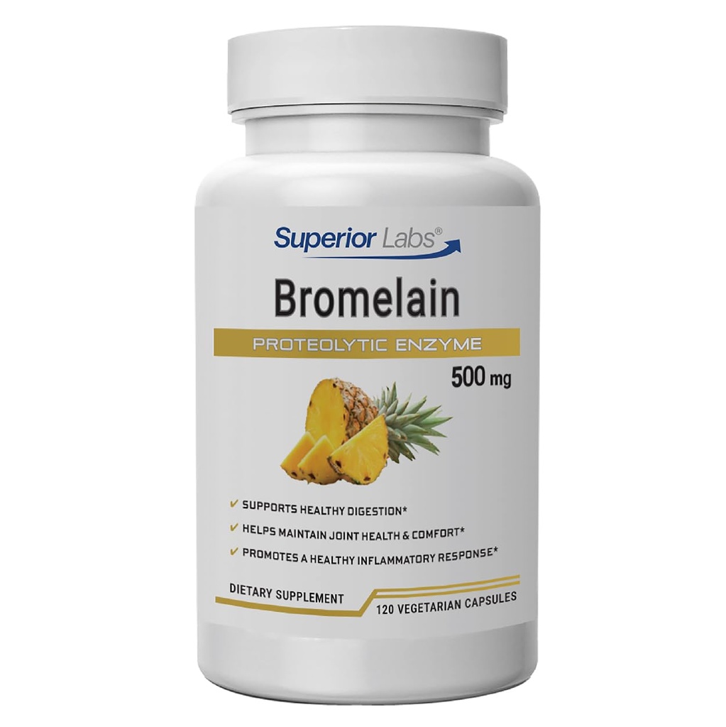 Superior Labs Bromelain 500mg – 2400 GDU/Gram Non-GMO Ananapple Enzyme, Rastlinsko-na osnovi prebavne podpore, Spodbuja skupno Comfort & Tsue Health – 120 Veg Caps