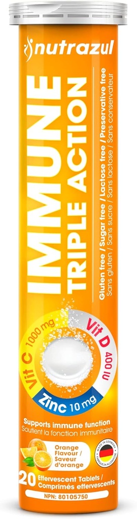 nutrazul imunska trojna akcija šumeča tableta - 1000 mg Vitamin C, vitamin D, cink I Orange 20's I Gluten brez sladkorja, laktoza brez laktoze in konzervansov I ohranja imunske funkcije