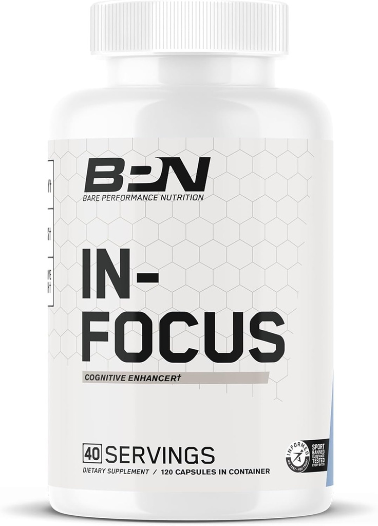 Bare Performance NUTRITION BPN in-Focus Brain Supplement za spomin in fokus Kofeinske tablete, 1 g L tirozina na serviranje + Alpha GPC, 40 Serving, Gluten Free + Vegan
