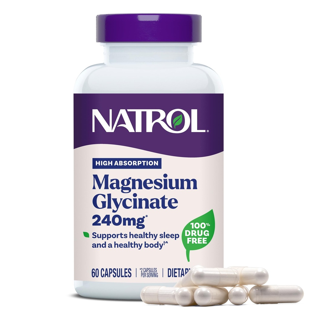 Natrol Magnezijev glicinat dopolnila 240 mg - visoka absorpcija - miren magnezijev glicinat za spanje - 60 kapsul, 30 dnevna dobava