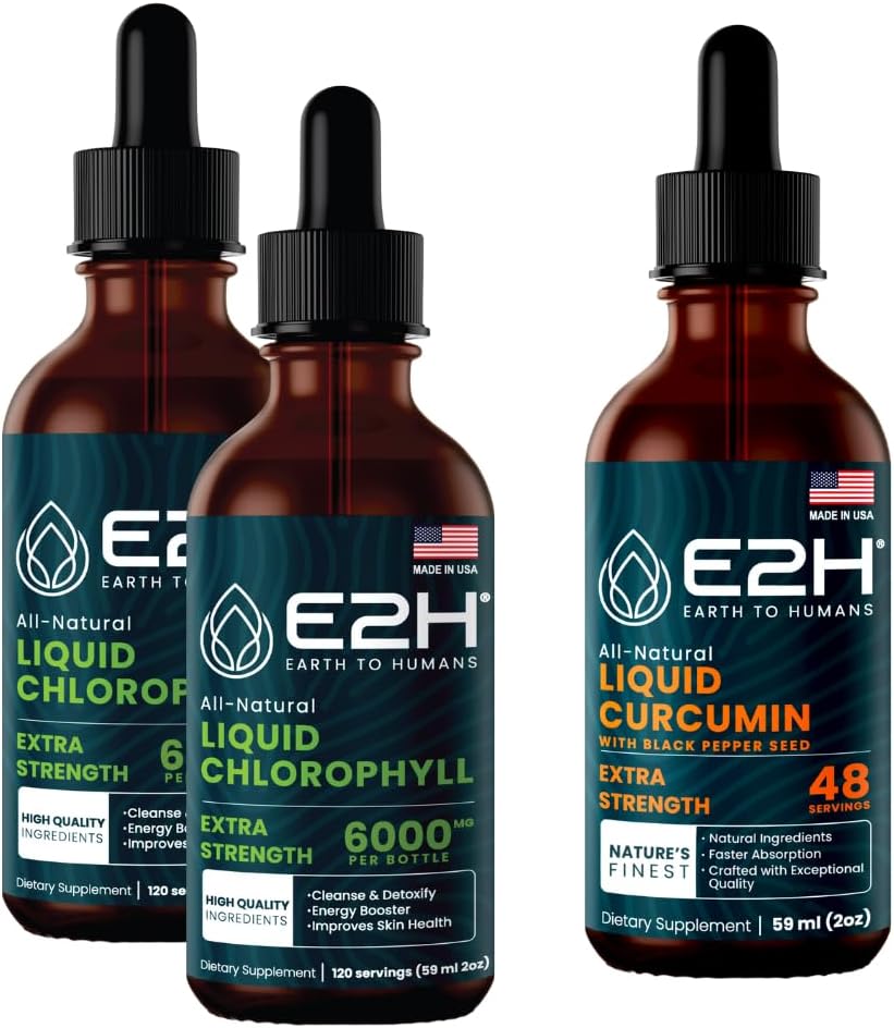 E2H: Klorofil tekoče kapljice (2 pakiranji - 4 Fl Oz) in tekoči kurkumin (ena steklenica - 2 Fl Oz) 