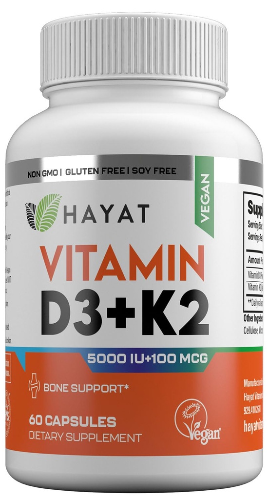 HAYAT Vitamini Vegan Vitamin D3+K2 (5000 i.e. + 100 MCG), prehranska dopolnila za podporo kosti, zob, mišic in imunskega zdravja, 2 meseca dobave, Certified Halal, 60 kapsul, Izdelano v ZDA