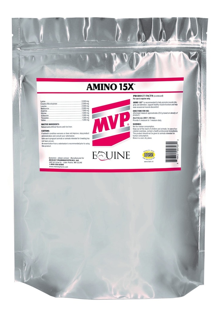 MVP Amino 15X (1.5lb) podpira zdravo delovanje mišic, razvoj in okrevanje pri konjih.