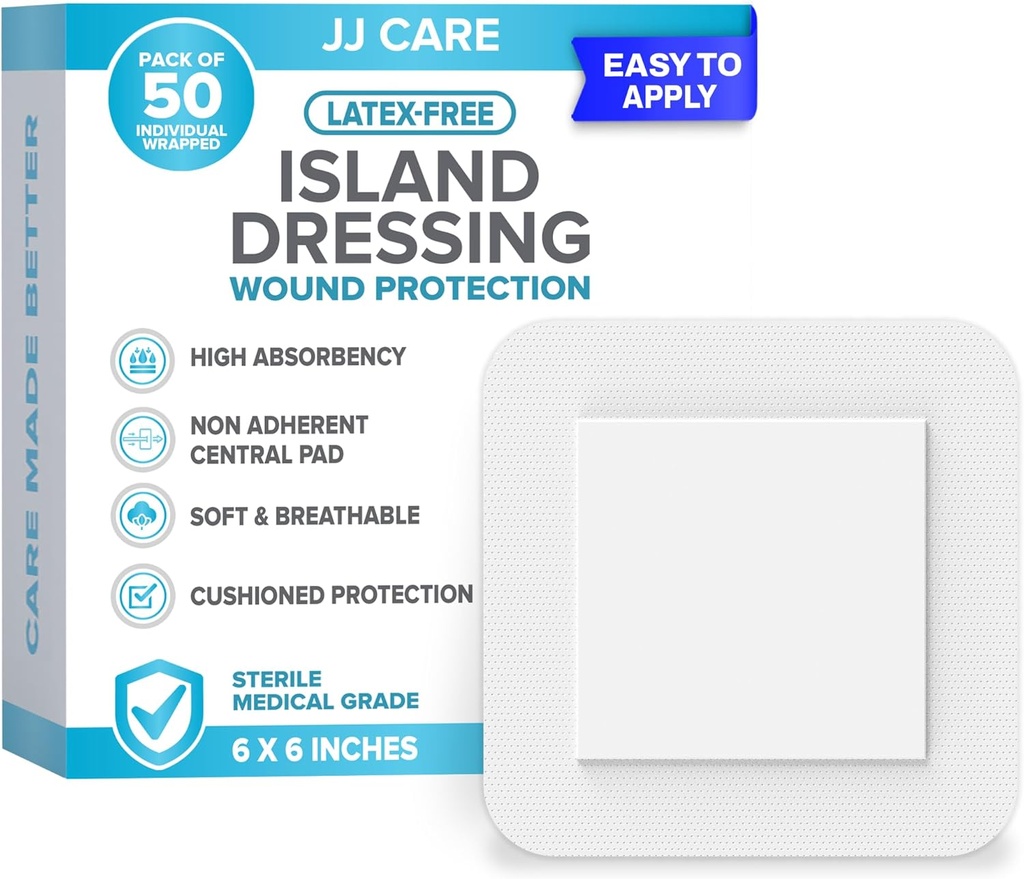 JJ CARE Adhesive Island oblačenje [Pack of 50], 6x6 Sterilno obmejno gaze oblačenje, dihanje otok rane obleko individualno zaviti z visoko Absorbent non-stick center Pad