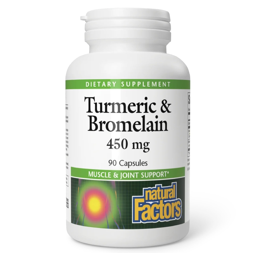 Naravni dejavniki, kurkuma in bromelain 450 mg, podpora mišicam in sklepih, 90 kapsul