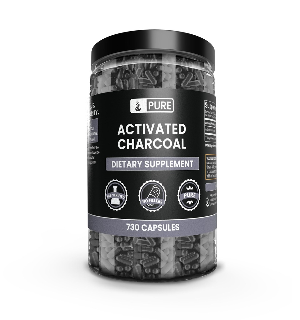 Čiste izvirne sestavine Aktiviran Charcoal (730 kapsul) Brez magnezija ali riževih polnil, vedno čista, laboratorij preverjen