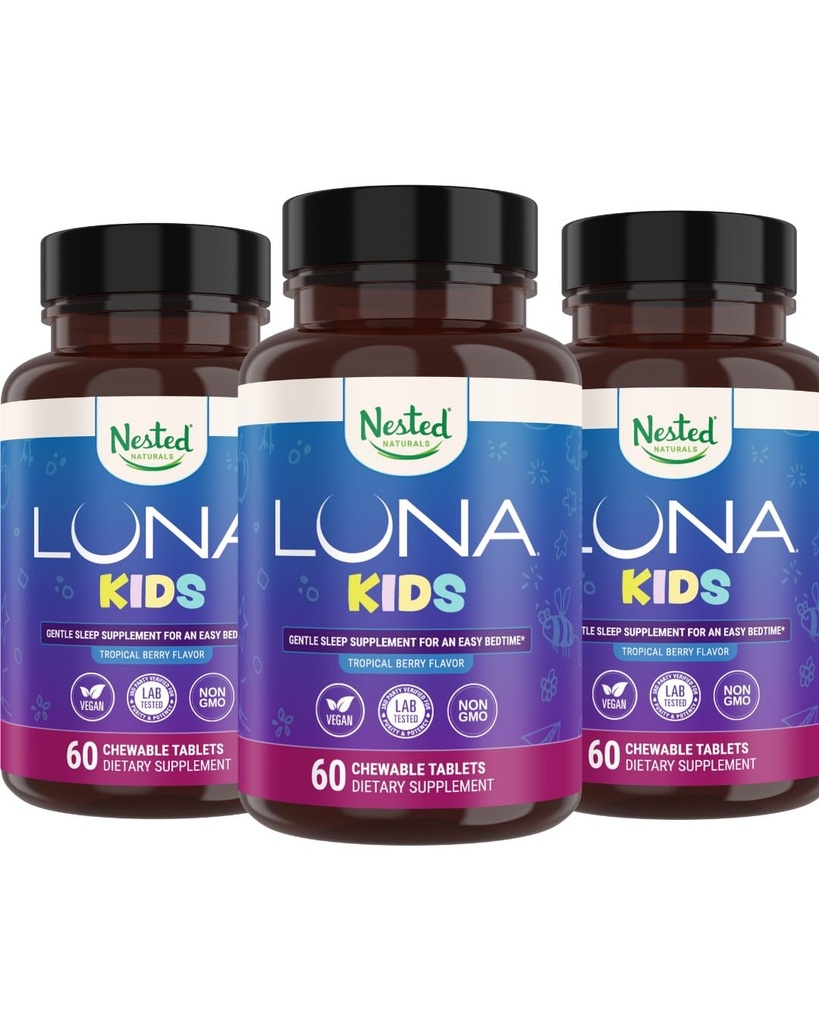 Nested Naturals Luna Otroci spanje dodatek - za otroke & Melatonin Občutljivi odrasli - Nežen zeliščni dodatek s kamilico, Melatonin, & Valerian - 180 Žvečljive tablete (60 na steklenico)