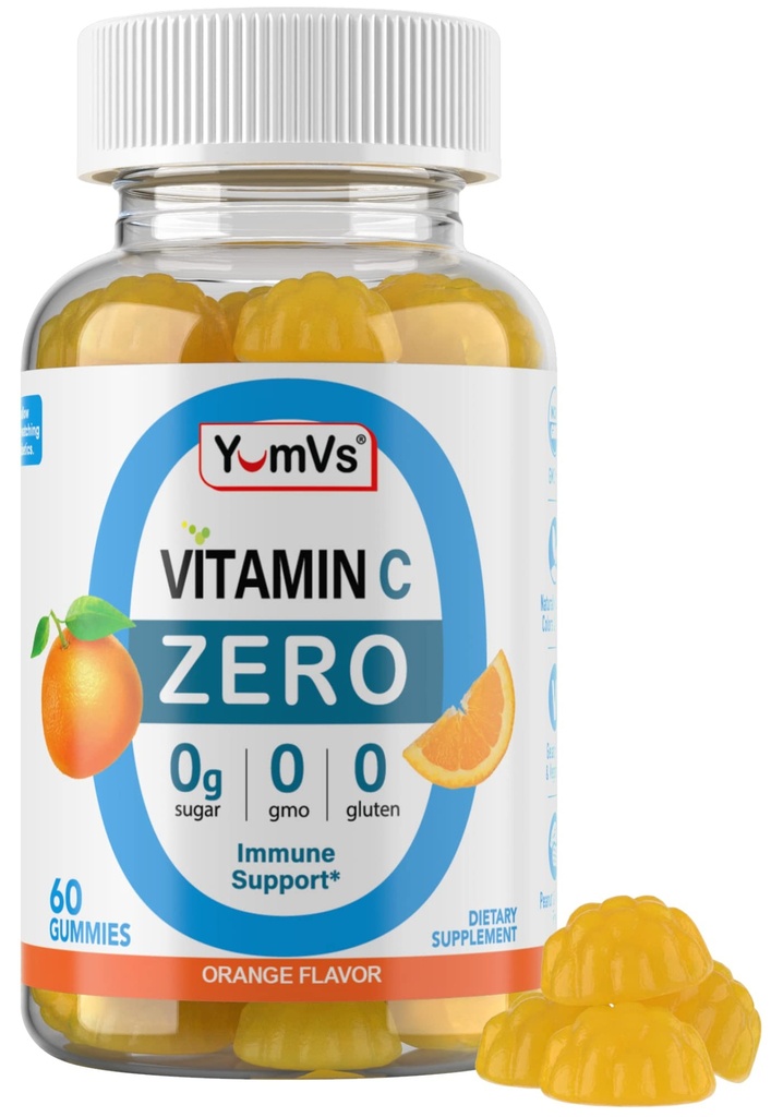 Yum-Vs - Zero cugar Vitamin C Gumies za odrasle in otroke - 250 mg VIT C Imunska podpora Gummy Vitamini - Sladkor brez žvečljivi Vitamin C Gummy dodatek - Visoka moč vegetarijanski Vitamin C Boost (60)