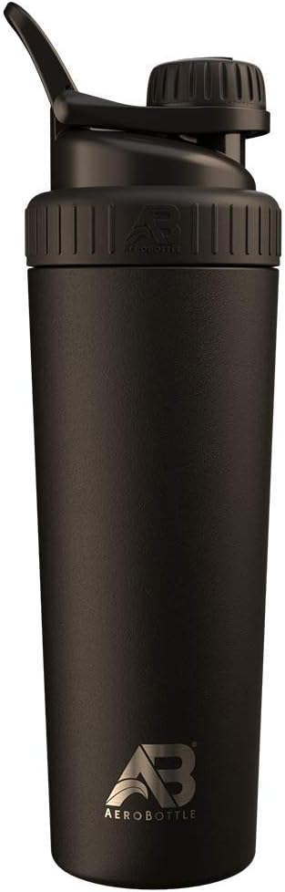 AeroBottle Cryo Shaker Cup, Izolirana Steklenica iz nerjavečega jekla in stresalnik beljakovin, Meša beljakovine in pred vadbo s tehnologijo mešanja turbulentov, brez mešanja kroglice ali Wisk, 26oz, črni led