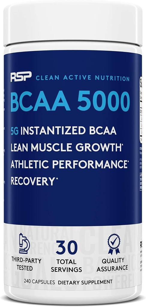 RSP BCAA 5000 (30 Serv), Premium BCAA kapsule za okrevanje mišic po treningu, vzdržljivost in energija, 5 g esencialnih razvejanih aminokislin na servis