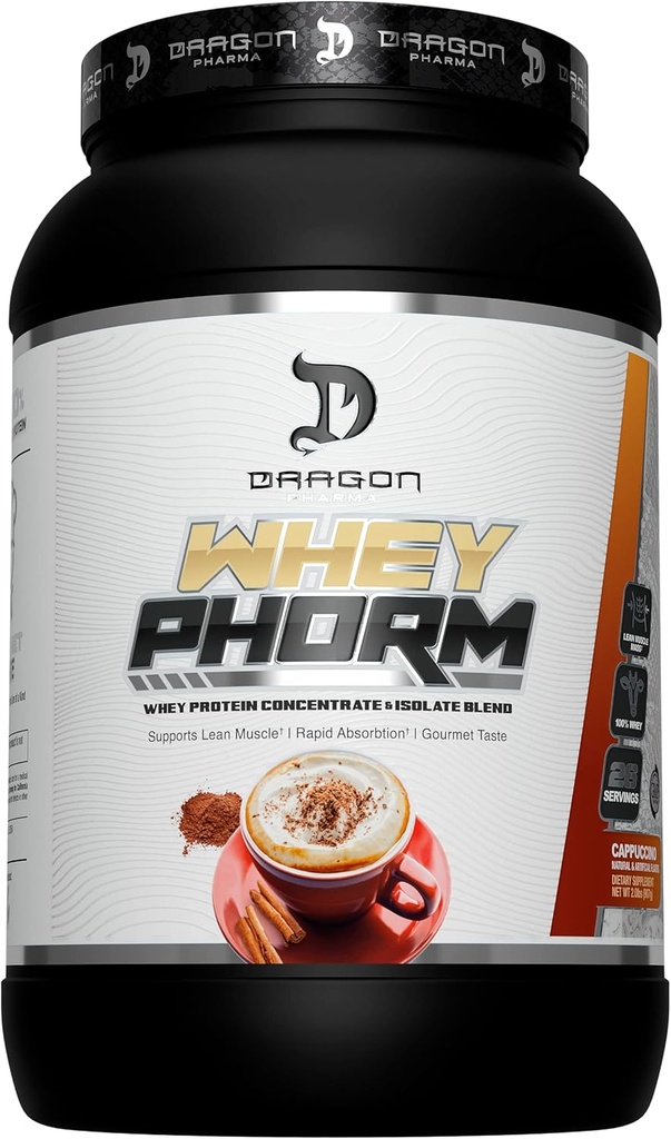 DRAGON PHARMA Whey Protein Mešanica, hitra absorpcija, Brez glutena, 100% Whey Protein, WheyPhorm, Maximize recovery, Great Degustacije, 25 Gram beljakovin (26 Serving, Cappuccino)