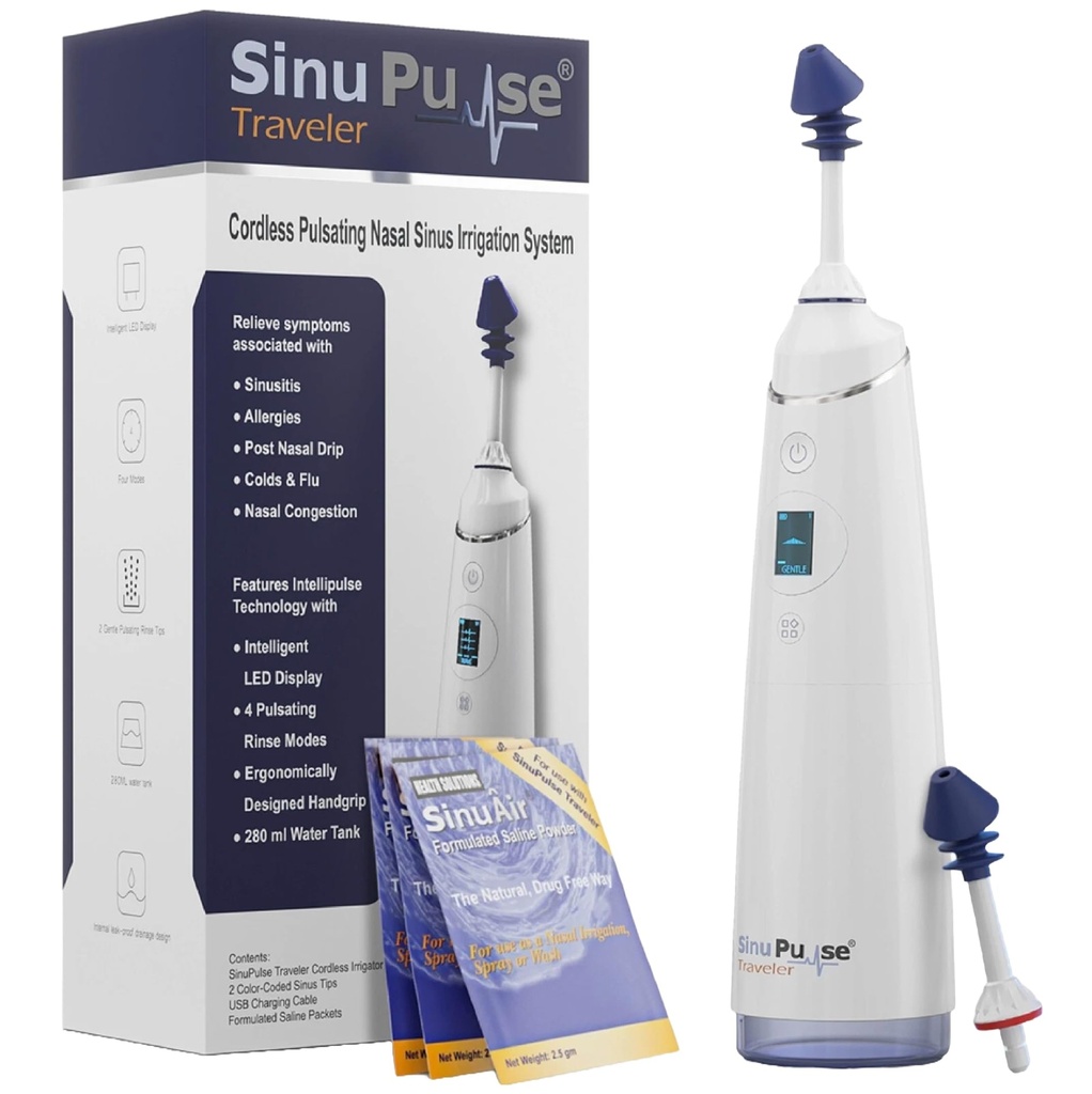 SinuPulse Popotnik s 30 Sinuair Packets - Akumulatorsko pulziranje Nasal namakanje Sinus Rinse sistem, prostor varčevanje čistilo & Relief Machine za potovanje, bolj učinkovito kot Neti Pot ali nos Spray steklenice