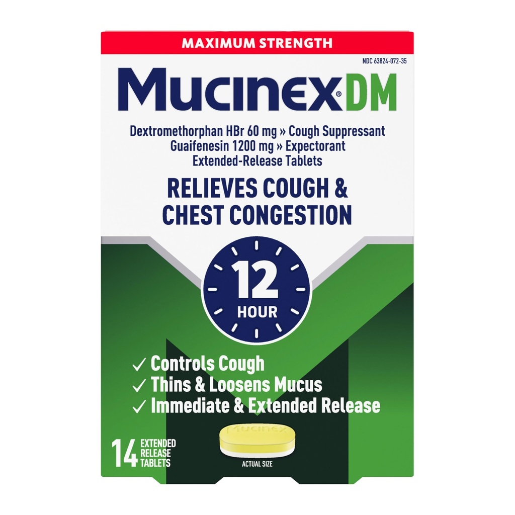 Kašelj supresant in pričakovanje, Mucinex DM maksimalna moč 12 ur tablete, 14ct, 1200 mg Guaifenesin, Relieves Chest Congestion, Tišine Mokra in suha kašelj, 1 Zdravnik priporoča OTC Expenditorant