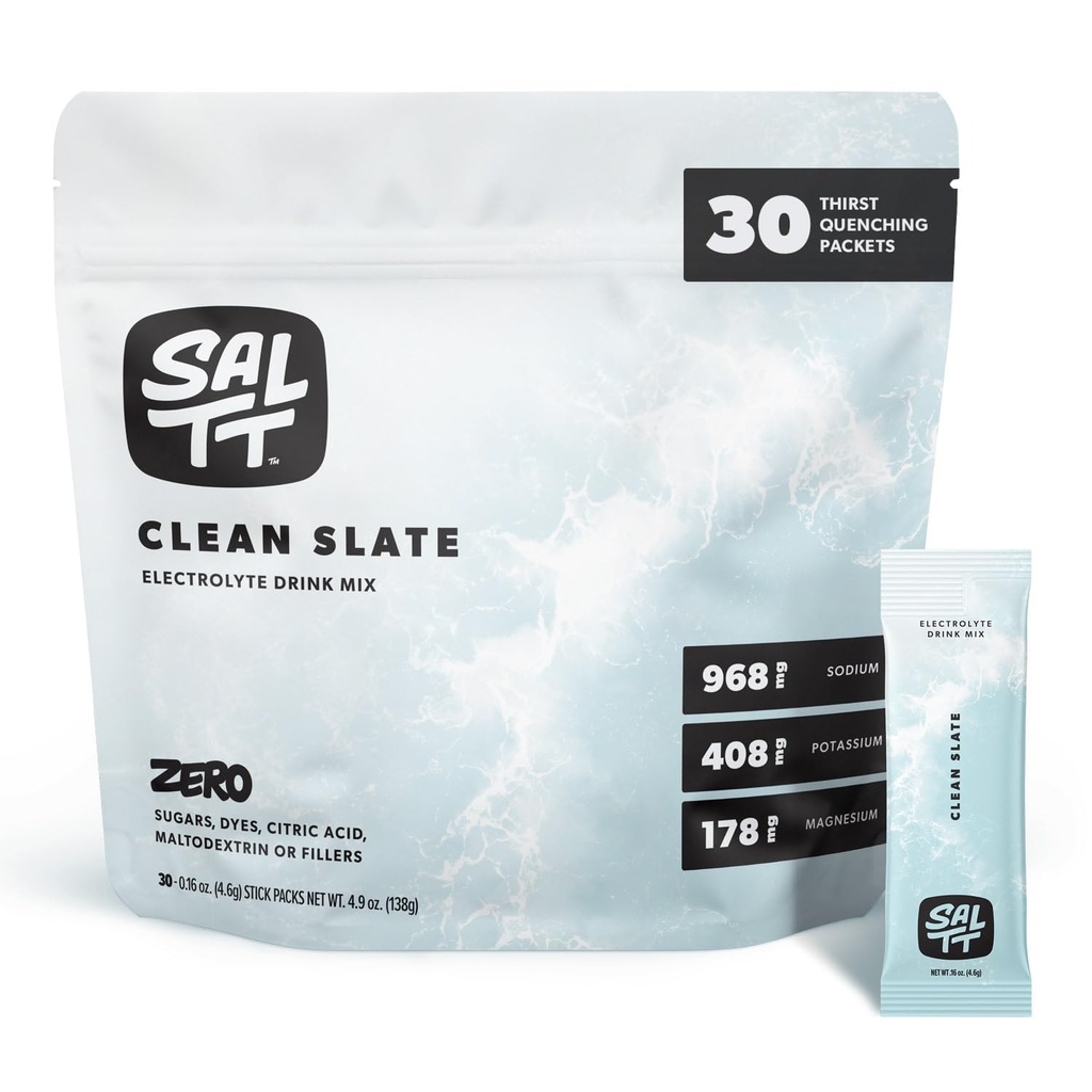 SALTT Elektroliti v prahu Nearomatizirana pijača Mešanica - čist skrilavec - 30 Hydration Packets - Magnezij, Kalij, Natrij, Trace Minerals - Zero Sugar & Gluten Free - Potovalne bistvene