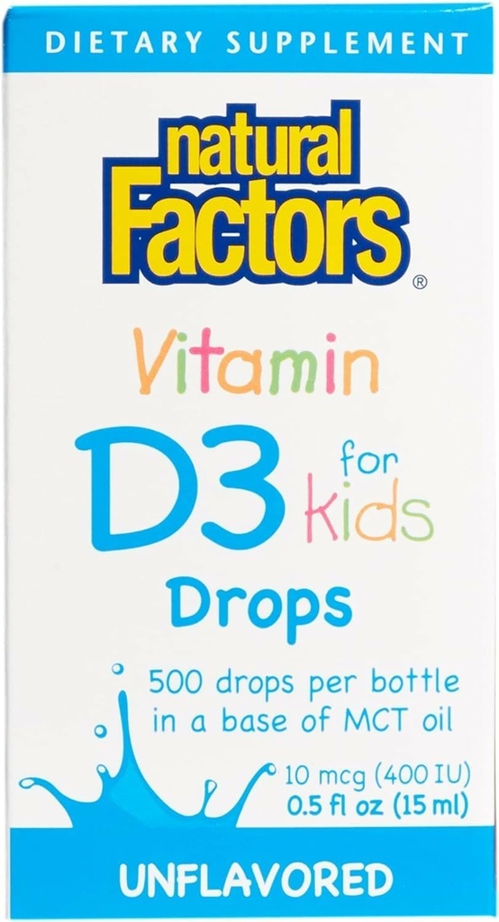 Naravni dejavniki, Vitamin D3 Kapljice 400 i.e. (10 μg) za otroke, podpira močne kosti in imunske funkcije, 0,5 fl oz, 0,5 Oz