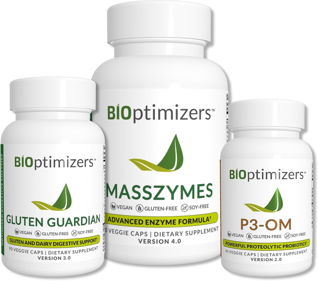 BiOptimizatorji Popolni gumijasti spojki - Prebavni encimi s probiotiki in prebiotiki - Napenjanje Relief in digestivno ravnovesje - P3-OM, Gluten Guardian, MassZymes (270 kapsul)