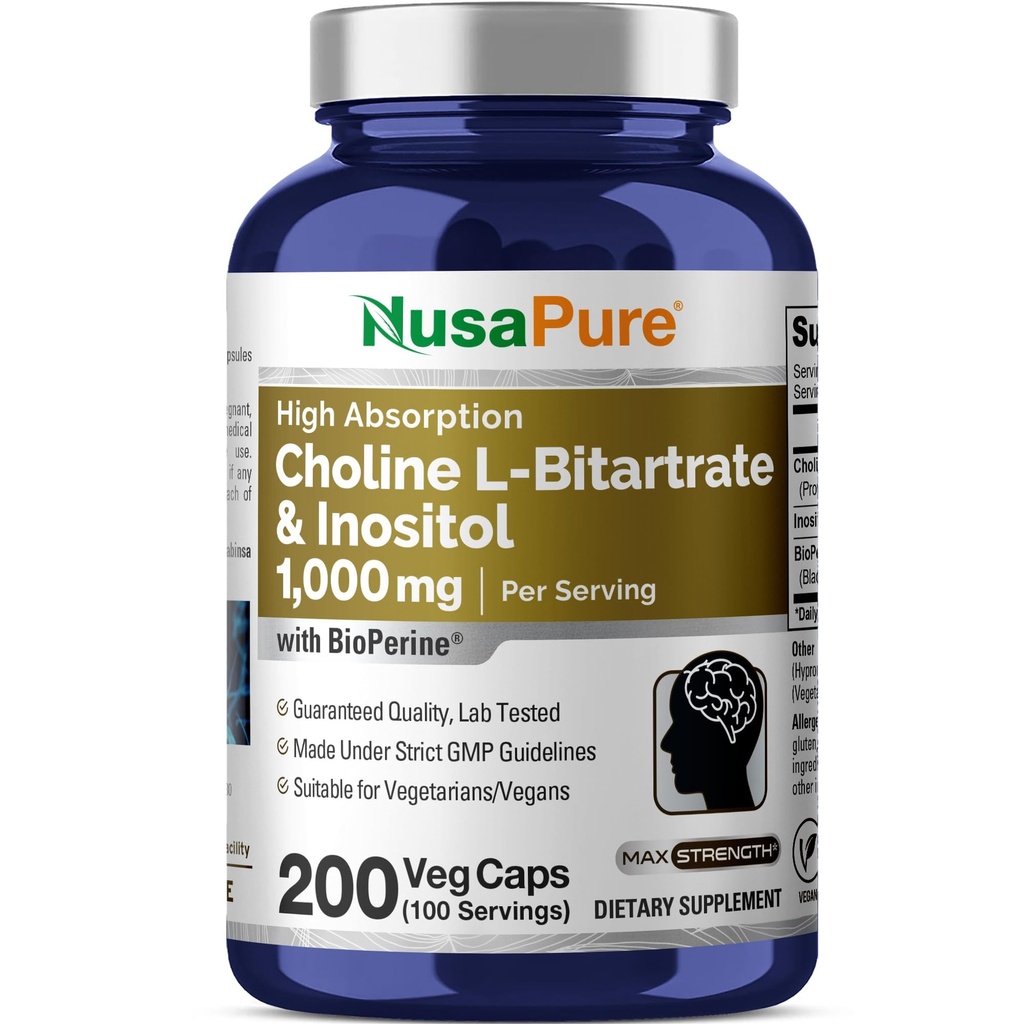 NusaPure Choline & Inositol 1000mg - 200 Veggie Caps (100% vegetarijansko, ne-GMO) Bioperino