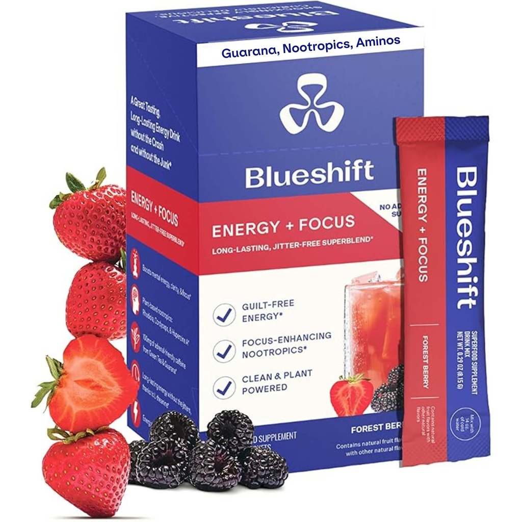 Blueshift Energija + fokus - manj sweet Super čisto rastlino na osnovi energijskega napitka za odrasle, z Guarana, Zeleni čaj, Rhodiola, Kofein, B Vitamini za jasnost in fokus, Brez sladkor - Pakiranje v prahu (10 pakiranj)