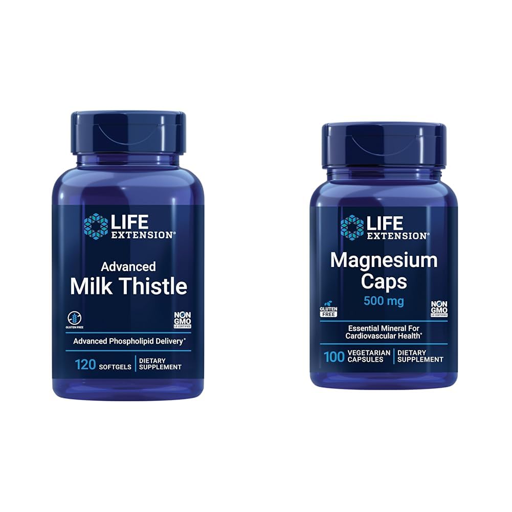Life Extension Advanced Milk Thistle 120 Mehkužci in magnezij 500mg Kapsule za zdravje jeter, Detox podpora, zdravje srca in zdrave kosti