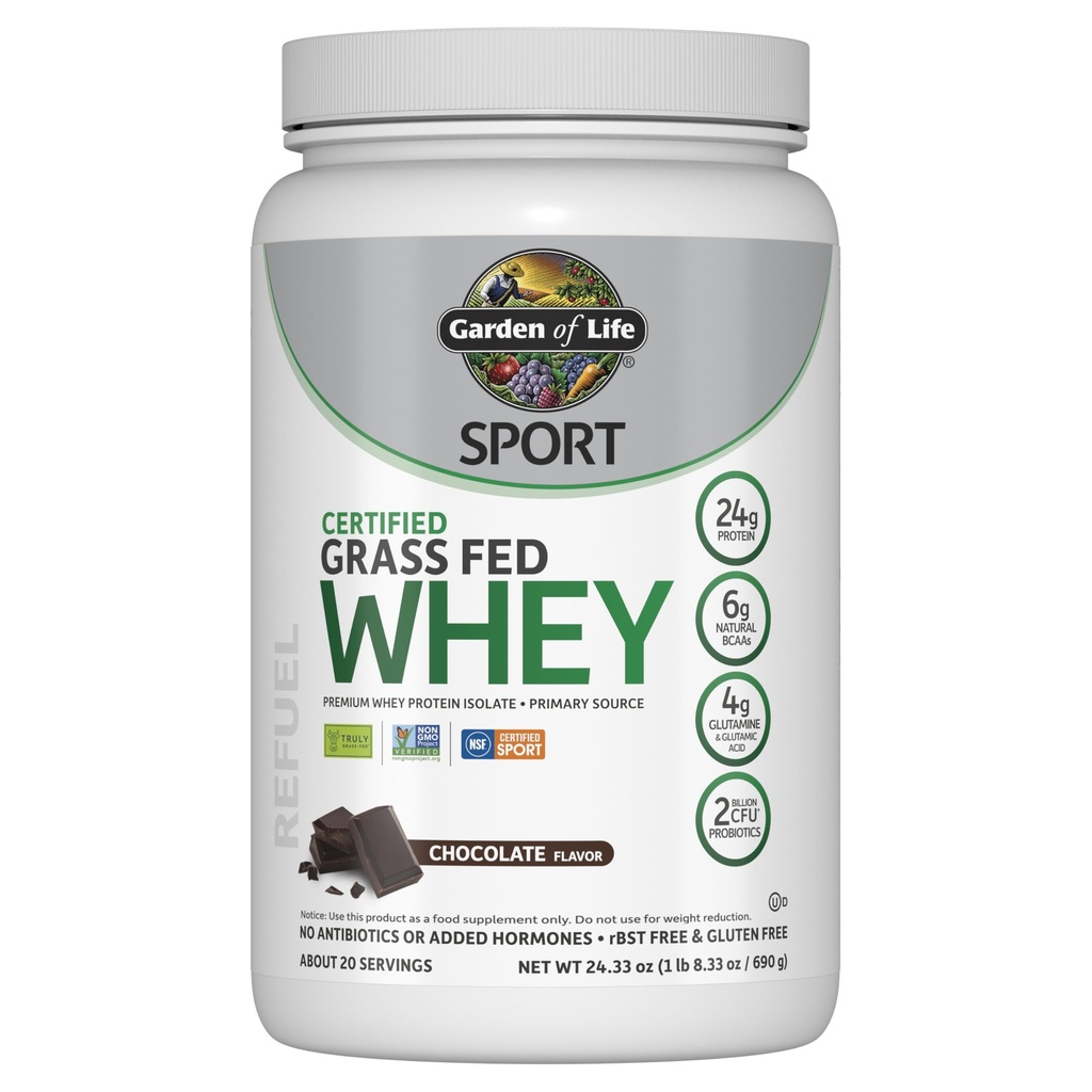 Vrt življenja Šport Whey Protein Powder Čokolada, Premium Grass Fed Whey Protein Isolate Plus Probiotiki za zdravje imunskega sistema, 24g Beljakovine, Ne GSO, Brez glutena, Hladno obdelani - 20 Serving