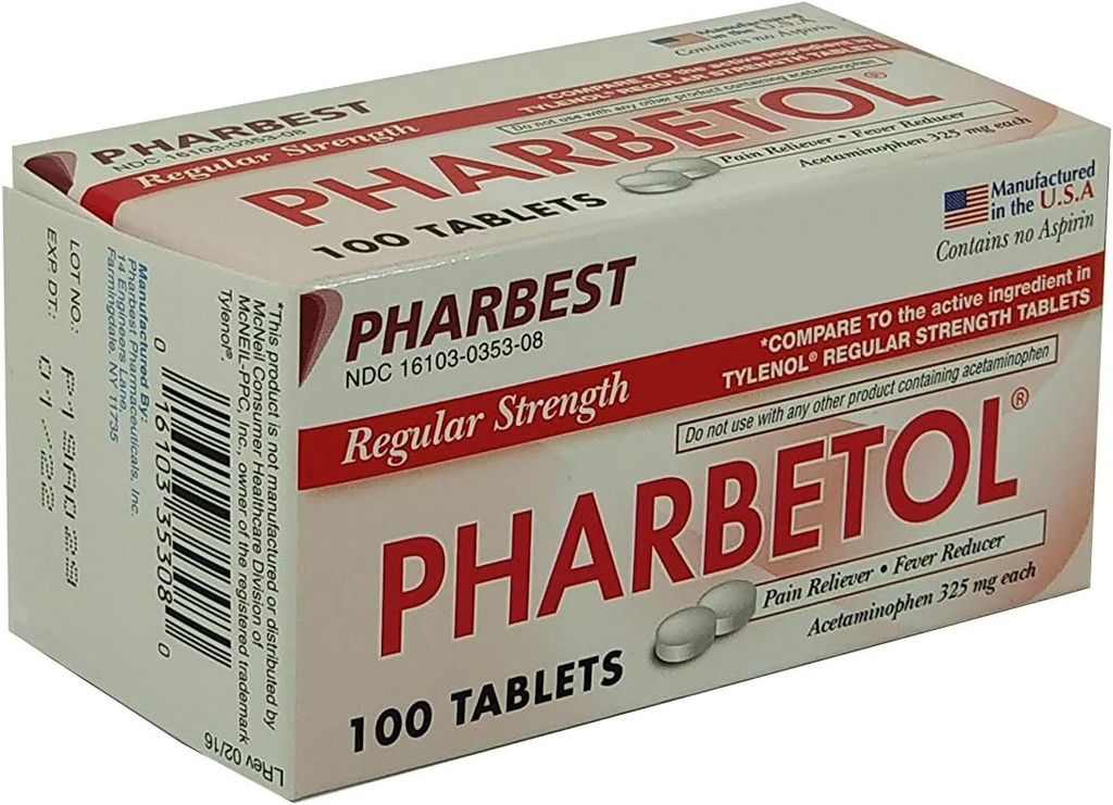 Pharbetol acetatofen 325mg Redna moč, Bolečina Reliever, Zvišana telesna temperatura Reducira tablete,100 Število (Pack of 1)
