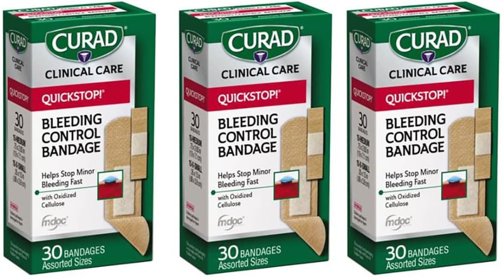 Curad Quickstop Flex-Fabric Bandages, Quickstop tehnologija za nadzor krvavitev, Razvrščene velikosti, 30 Število (paket 3)