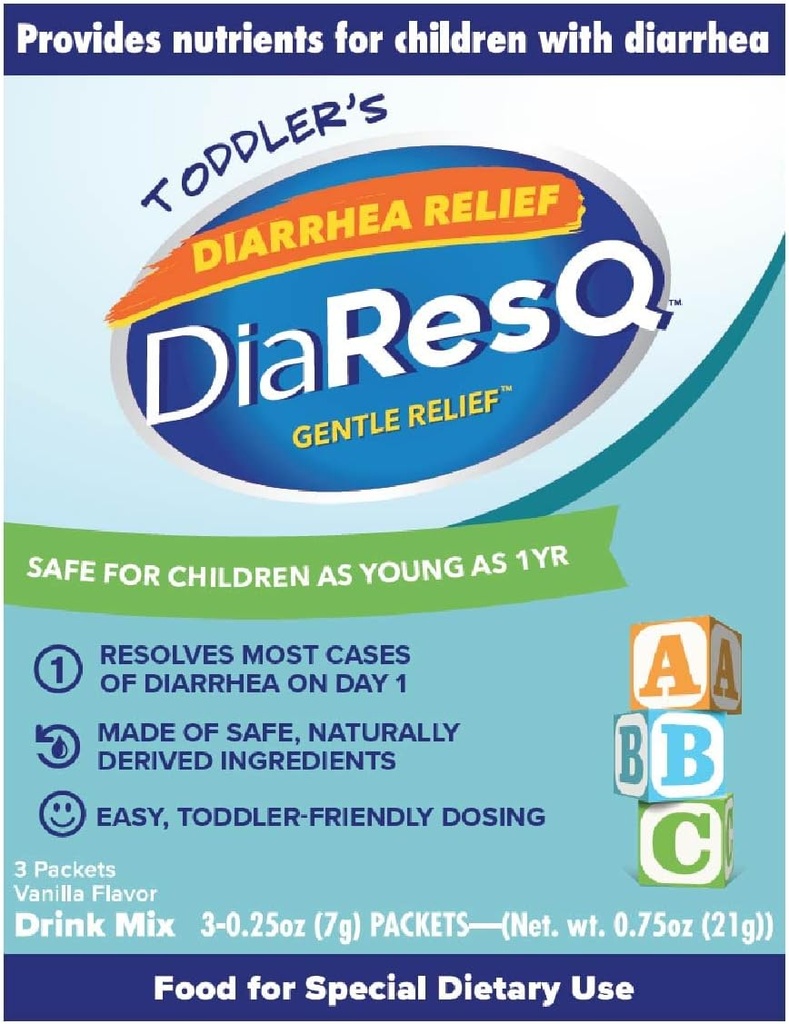 DiaResQ driska in imunosupresivna pijača Colostrum Drink Mix for Toddlers (1+ Years) Pack po 3, nežna olajšava, pomaga obnoviti normalno črevesno funkcijo, antibiotik in brez zdravila, Gluten prost, vanilija aroma