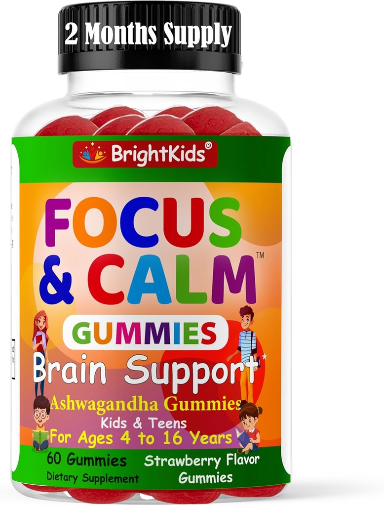 BrightKids Focus & Calm Gummies za otroke z Ashwagandha – Podpira pozornost, Koncentracija, Sprostitev, Mood & Energija – Naravni stres Relief dodatek, Okusno Berry Flavor, Vegan, 60 dni dobave