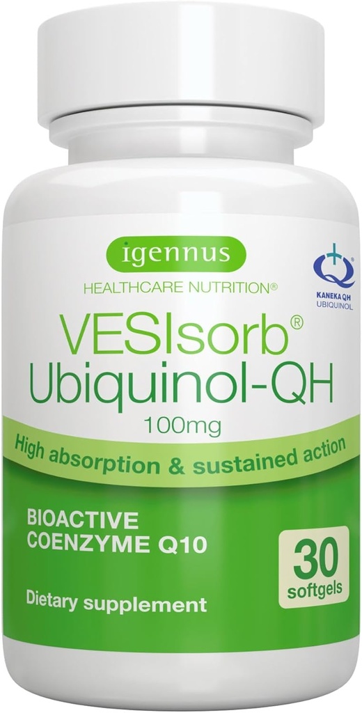 Igennus Advanced VESIsorb Ubikinol 100mg 30 softgels, 600% biorazpoložljivost, hitro delujoč vodotopni koencim Q10 dodatek za energijo in srce, 1-mesečna dobava